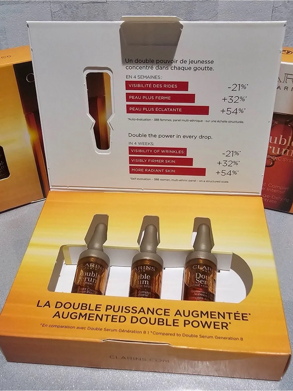 New Clarins Double Serum trial kit featuring three individual 0.9ml vials in Box